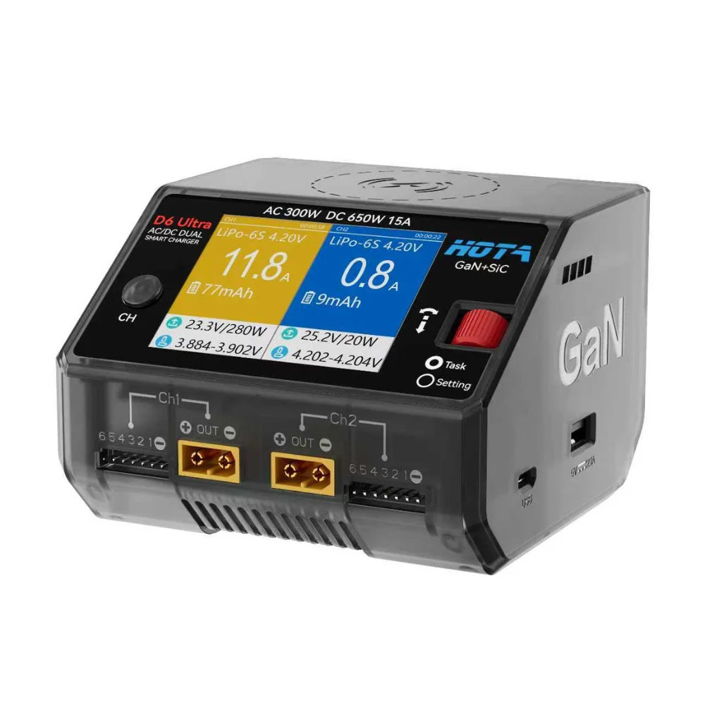 HOTA D6 Ultra GaN + SiC 650W Dual Smart Charger – Clear Black / US Plug