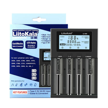 LiitoKala Lii-M4 5V Typec 3.7V/1.2V AA/AAA 18650/26650/16340/14500/10440/18500 Detectable capacity Battery Charger with screen